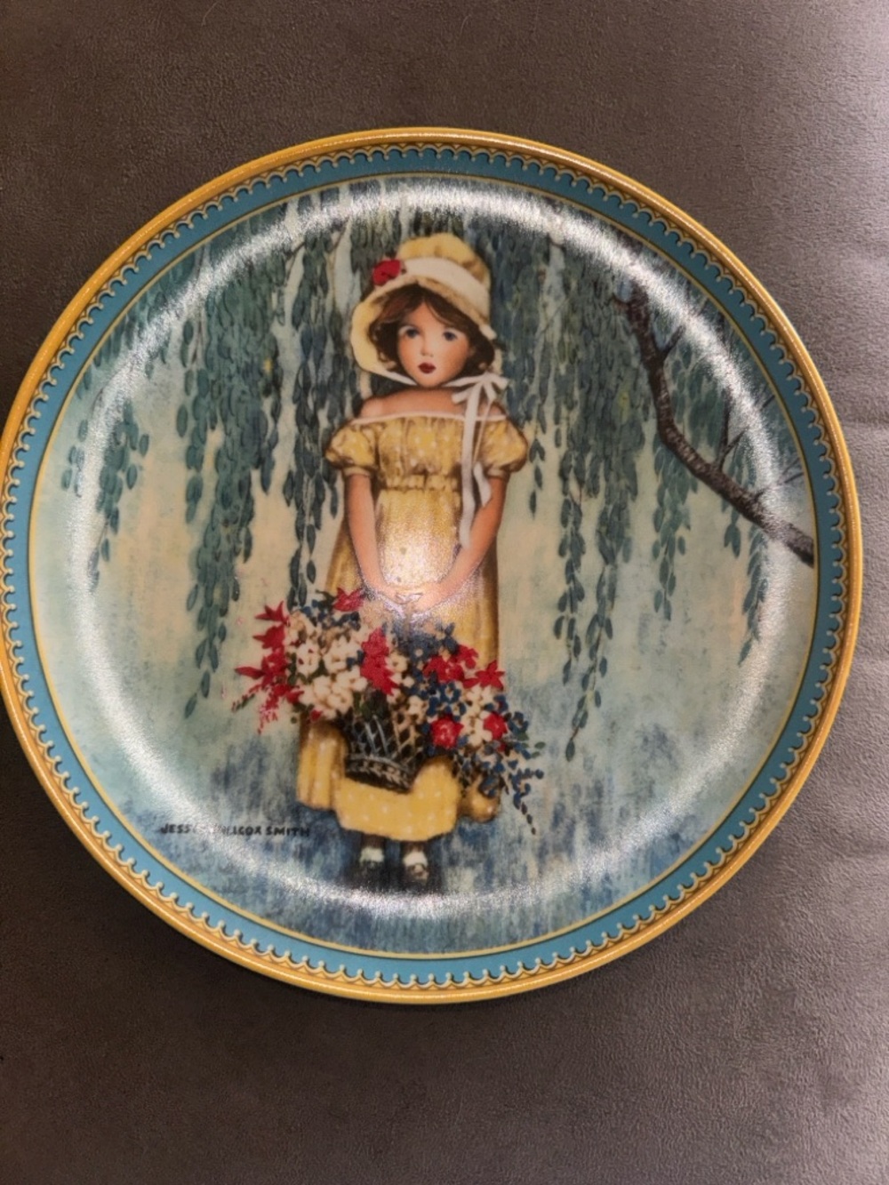 Knowles Decorative Plate with Girl in Yellow Dress and Blue Border